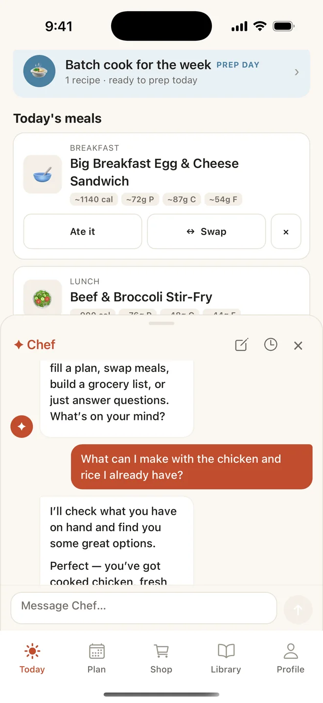 A conversation with Chef, the in-app assistant, answering a question about what to make with chicken and rice already on hand.