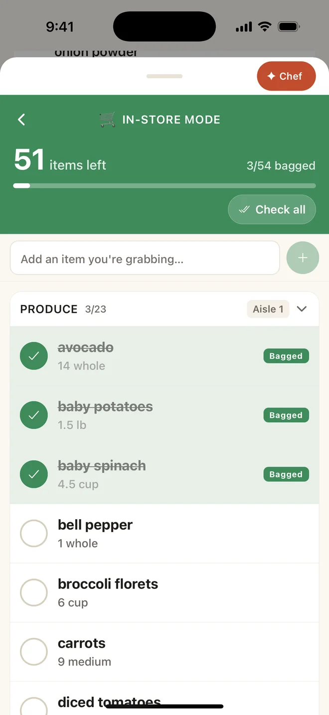In-Store Mode: the grocery list as a checklist by aisle, with a count of items left and three items marked as bagged.