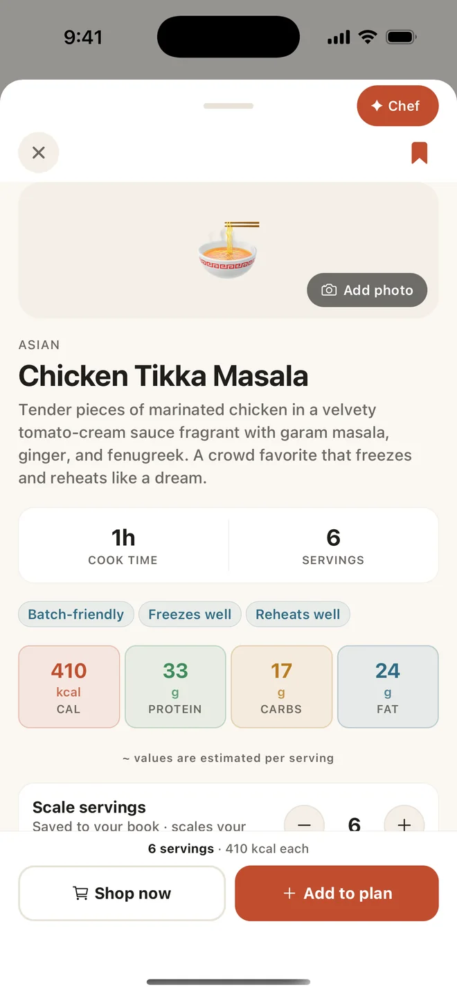 A recipe page for chicken tikka masala: cook time, servings, estimated nutrition per serving, and buttons to shop for it or add it to a plan.